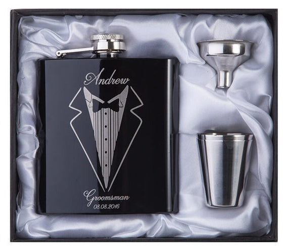 Personalized Black Flask Set | Groomsman gift