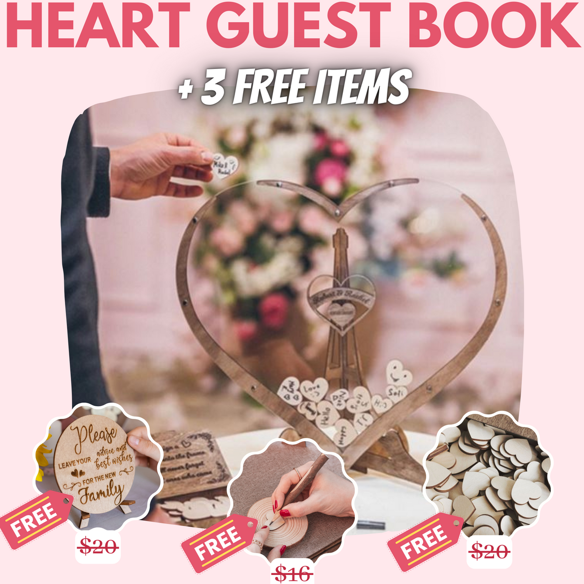 Wooden Heart Wedding Guest Book + 3 FREE bonuses